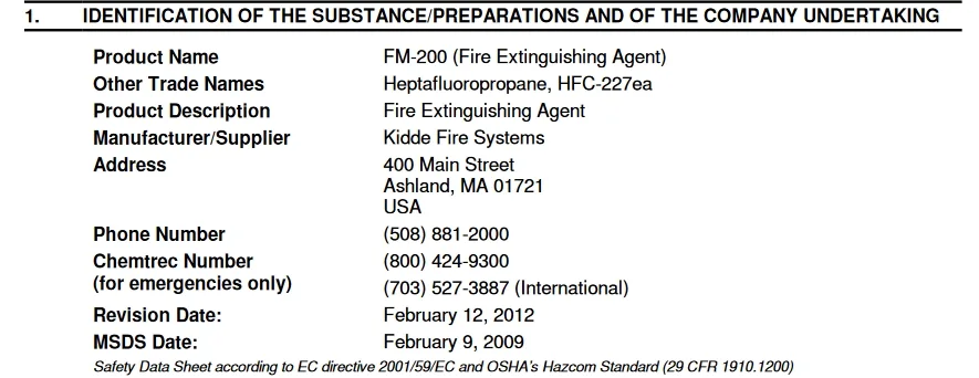 msds fm200 fire suppression